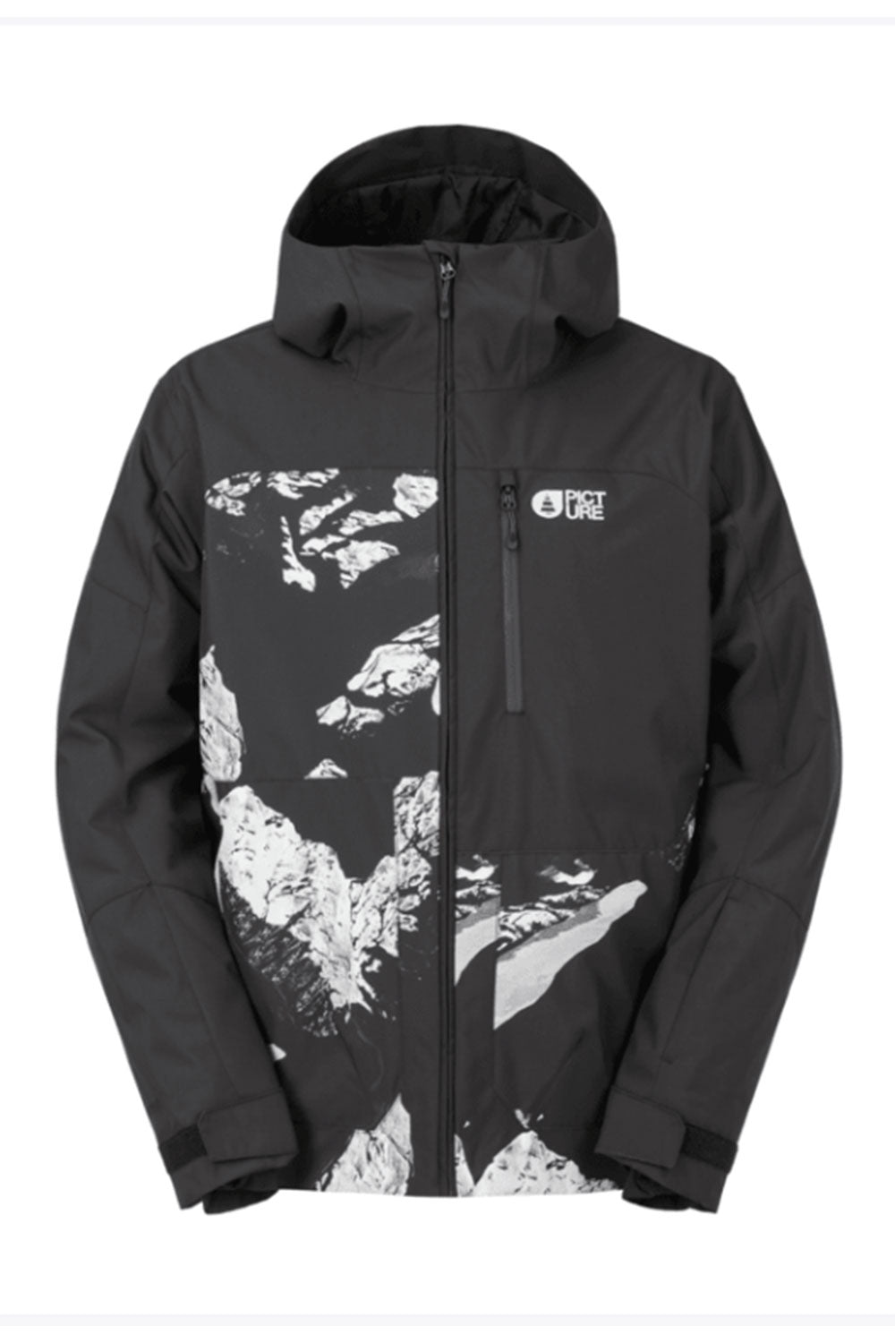 Black jacket with white mountain graphic on a white background