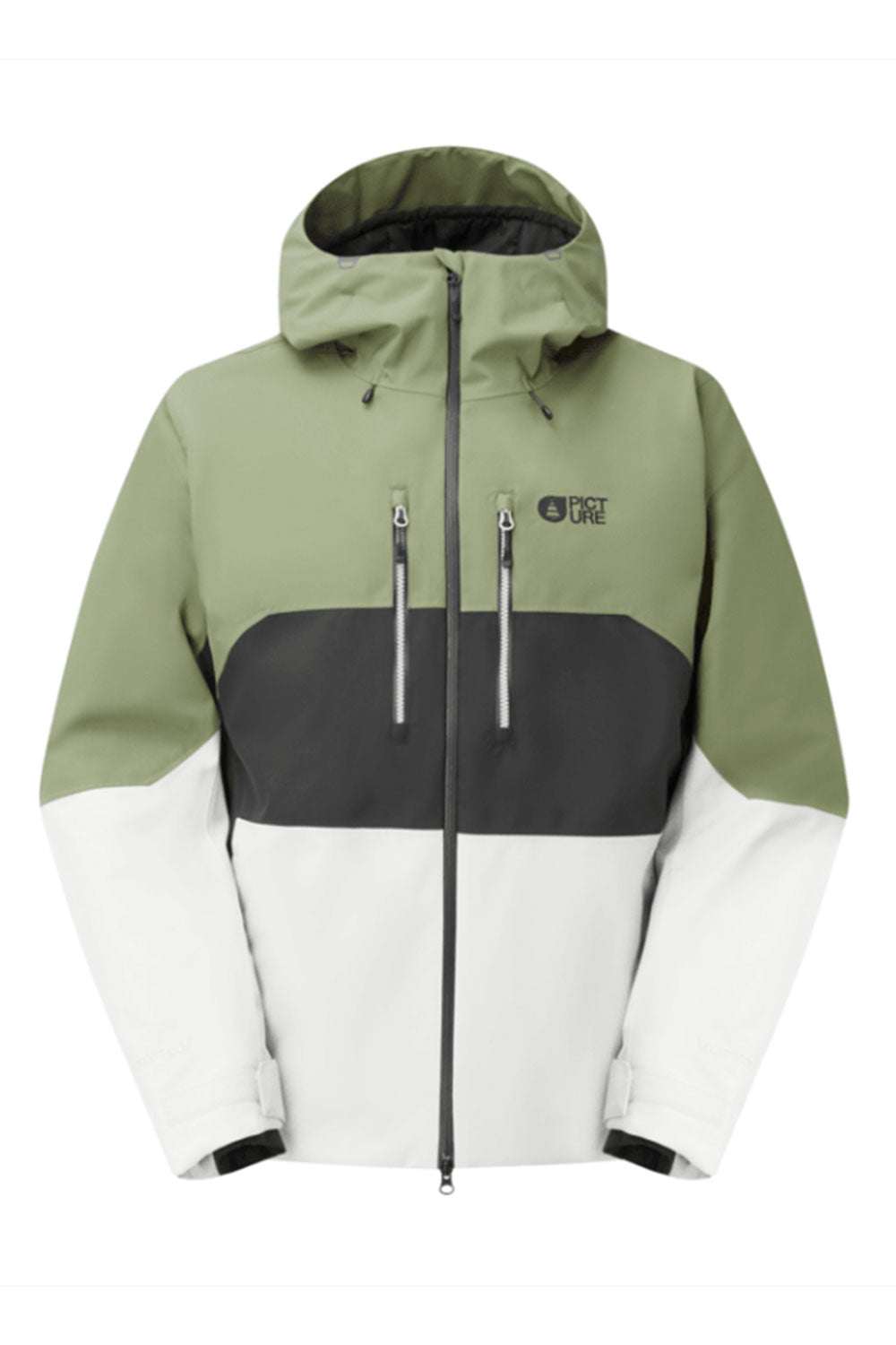 Green, gray, and white jacket with a hood on a white background