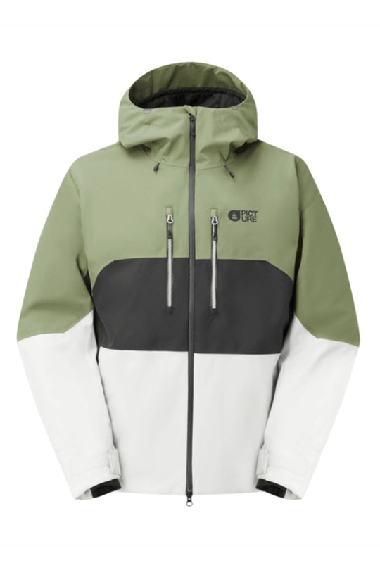 Green, gray, and white jacket with a hood on a white background