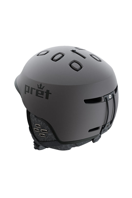 A matte dark gray Pret ski helmet shown from a three-quarters rear view against a solid white background.