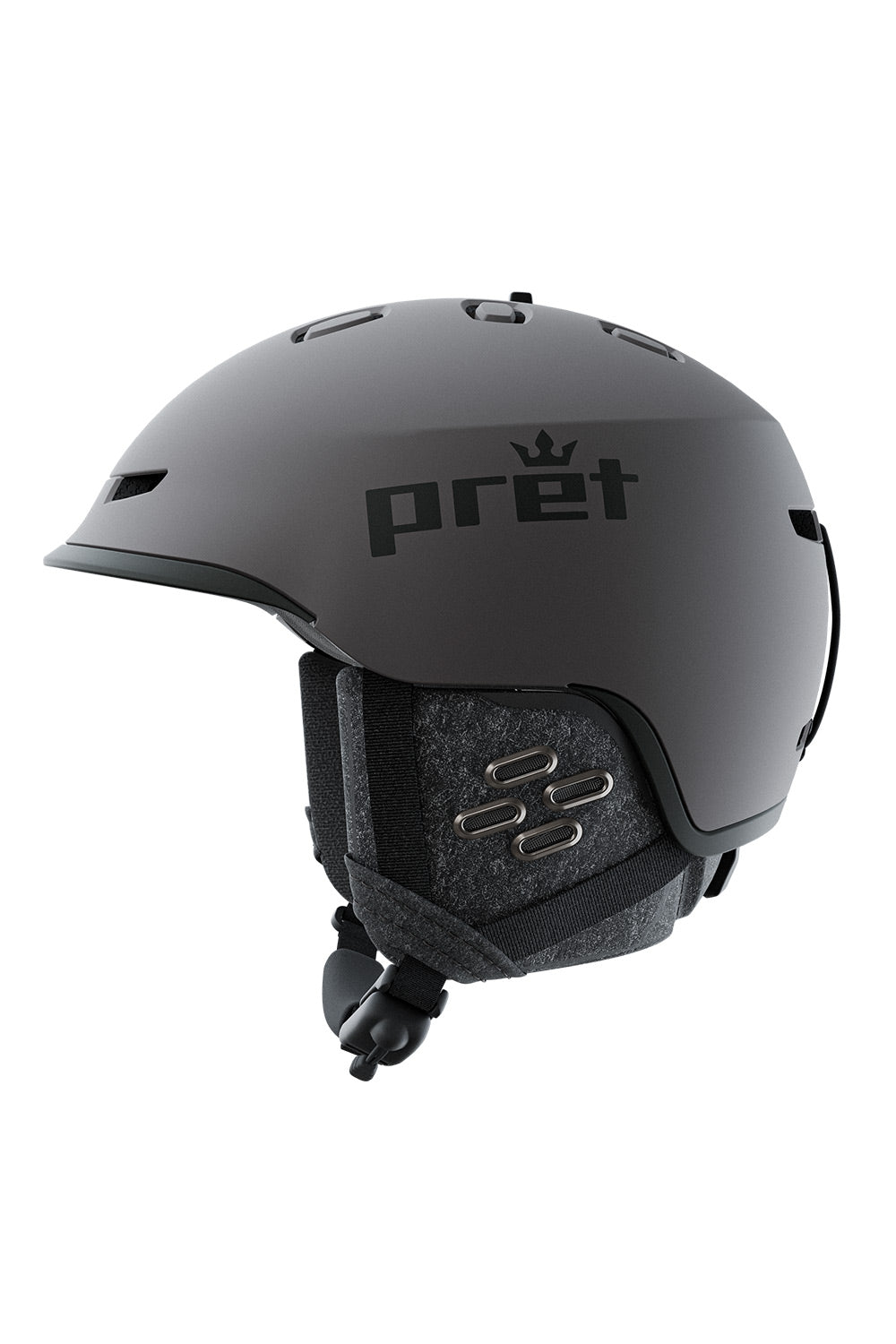 A matte black Pret ski and snowboard helmet shown from a side profile view against a solid white background.