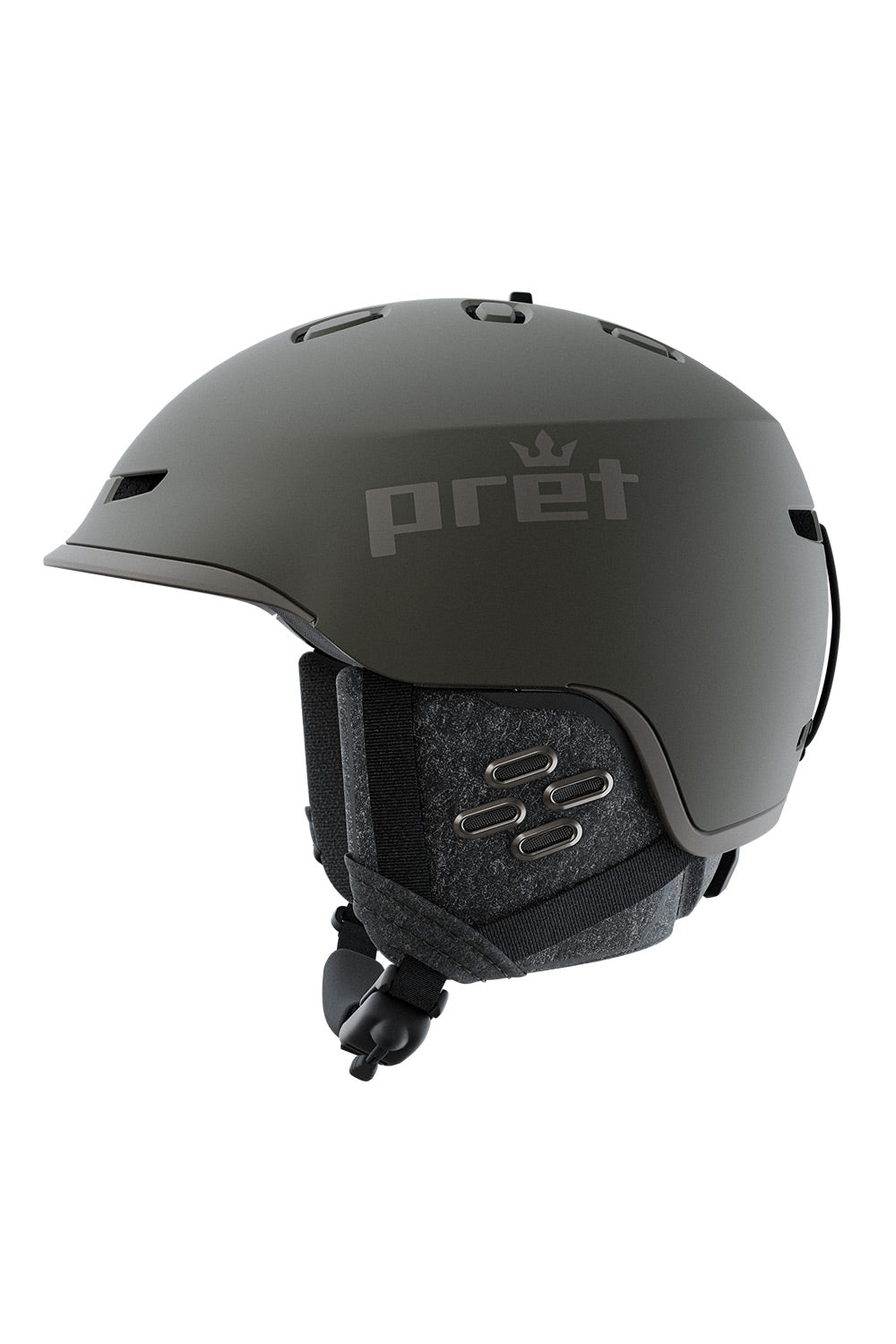 A matte dark gray Pret snow helmet with a matching dark gray chin strap and interior padding, shown from a side profile on a solid white background.