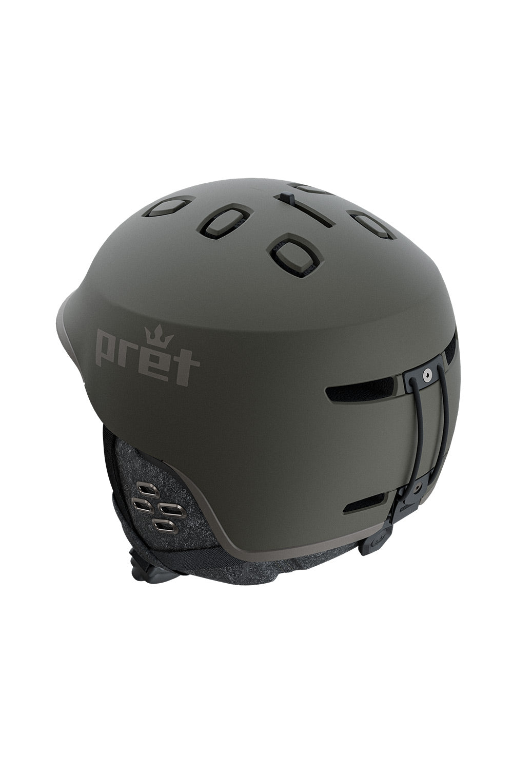 A matte dark gray ski helmet with the Pret brand logo printed in gray on the side, shown against a plain white background.