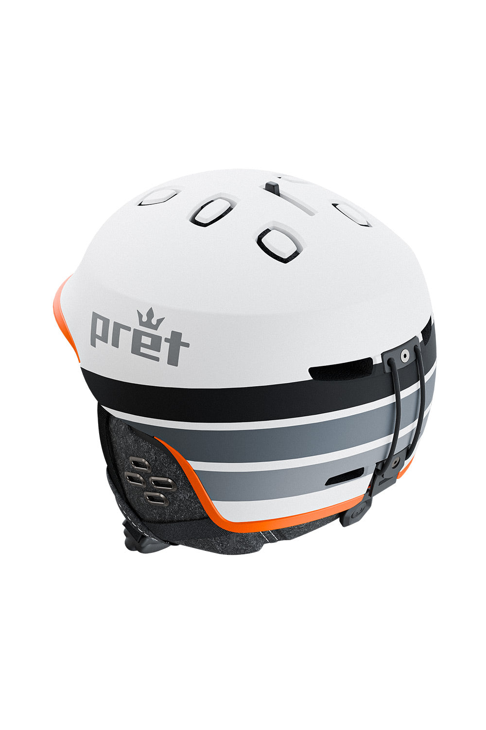 A white ski helmet with black, gray, and orange accents, featuring the 'pret' brand logo on the side, shown against a plain white background.
