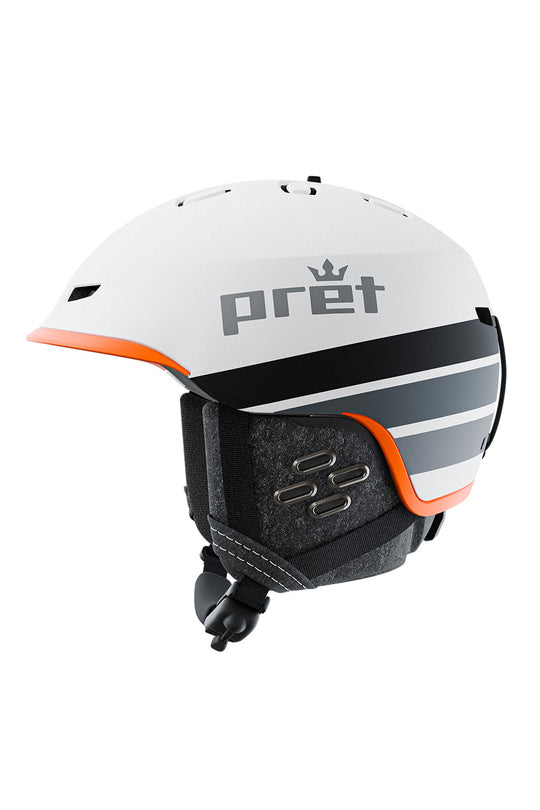 A white ski helmet with orange and black accents, featuring the Pret brand name and crown logo on the side, shown against a plain white background.