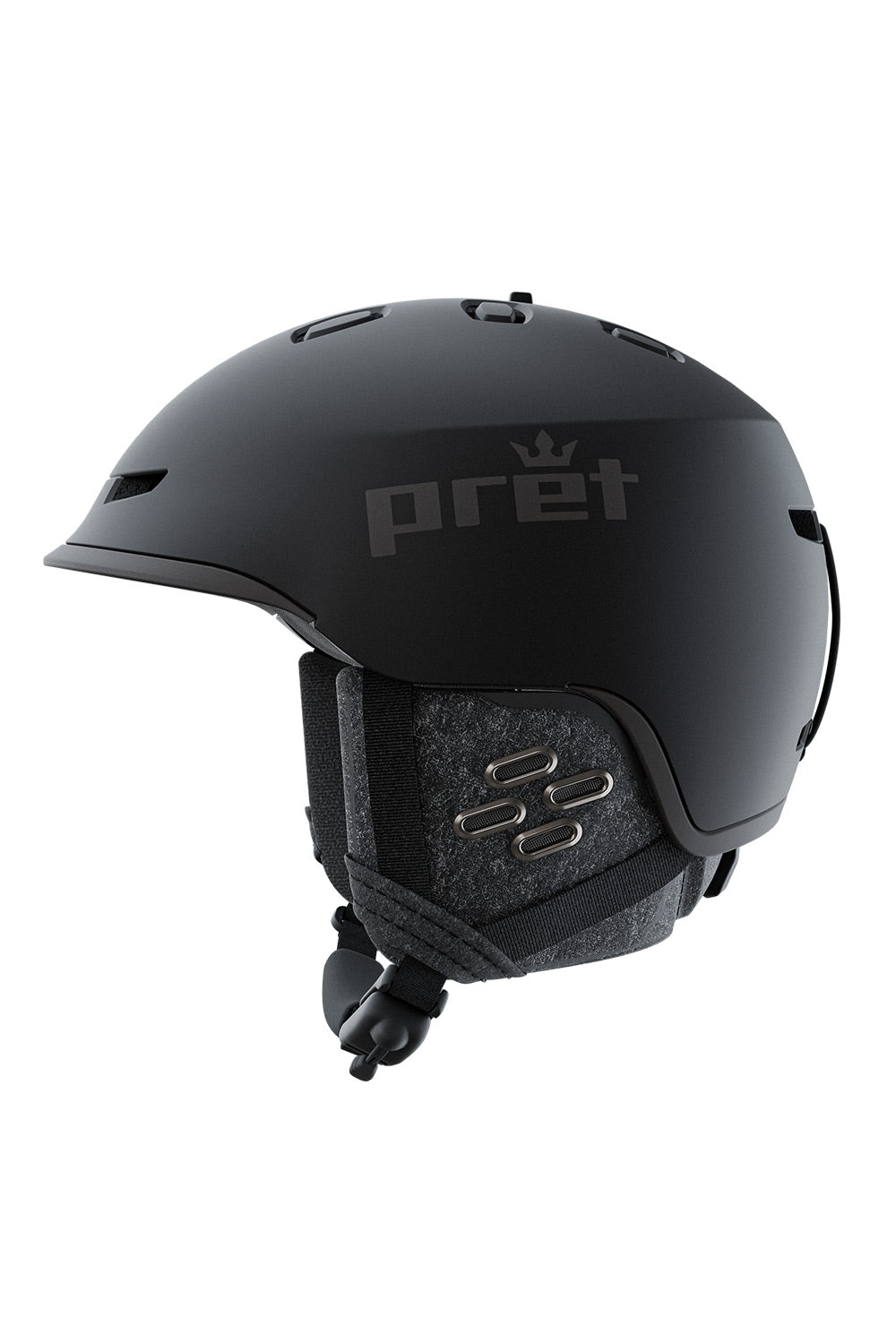 A matte black ski helmet with the Pret brand name and crown logo printed in gray on the side, shown from a profile view against a solid white background.