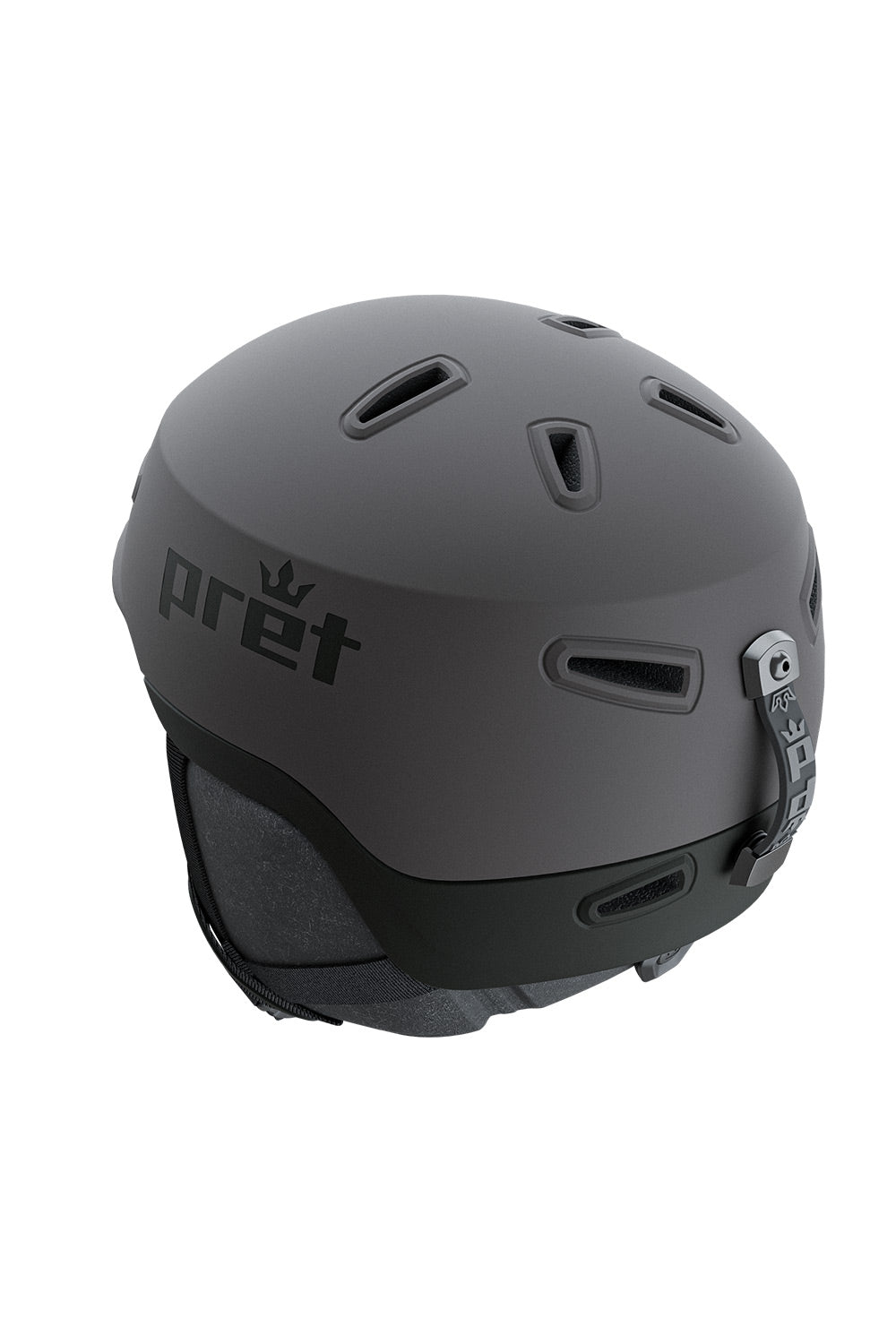 A matte grey ski helmet with the Pret brand logo printed on the side, shown against a plain white background.