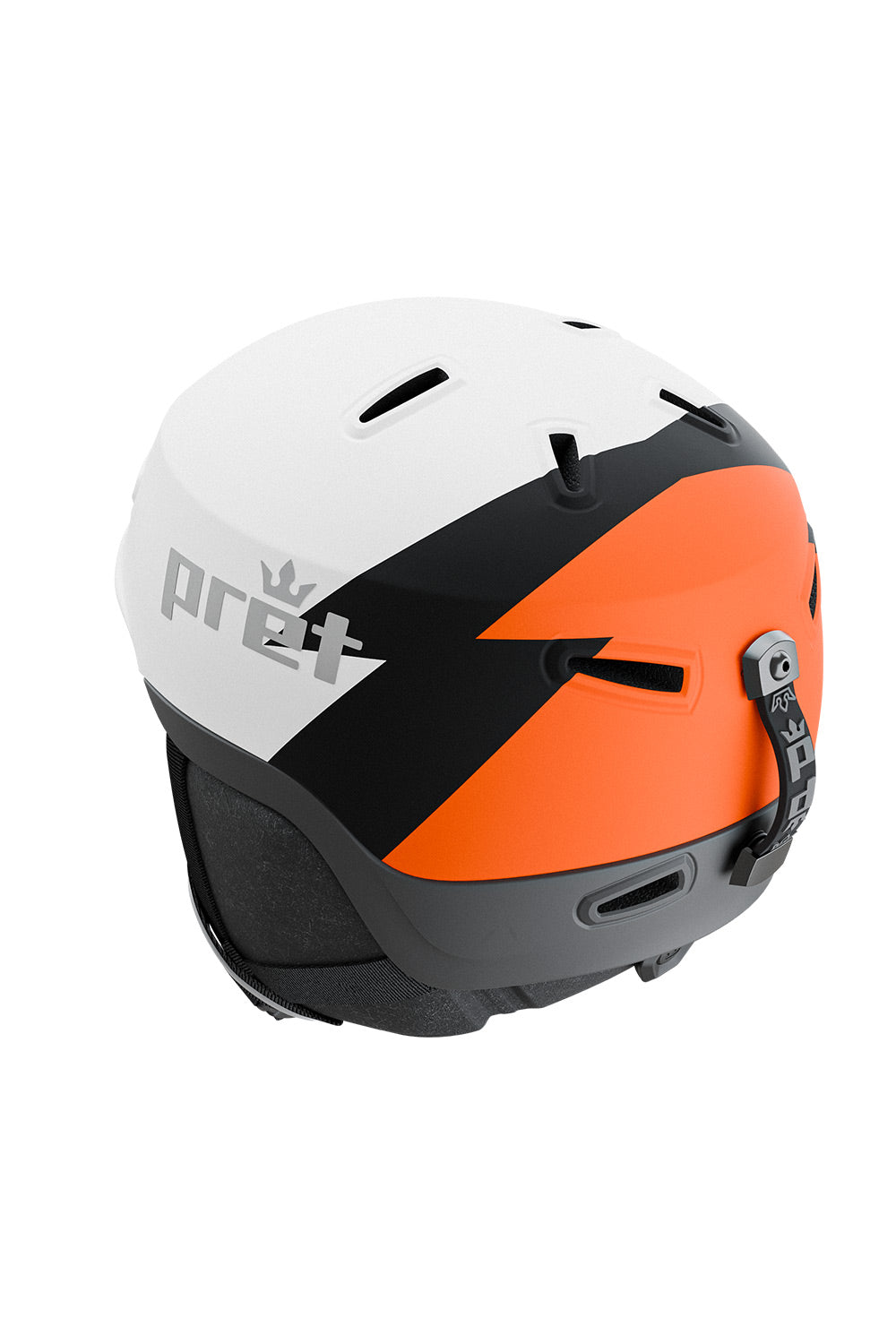 A Pret ski helmet in white, black, and orange, shown from a three-quarters rear view against a plain white background.
