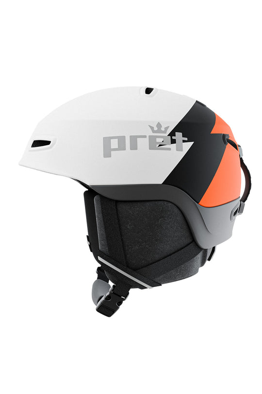 A white ski helmet with black and orange graphic panels, featuring the 'pret' brand logo in gray on the side, shown against a plain white background.