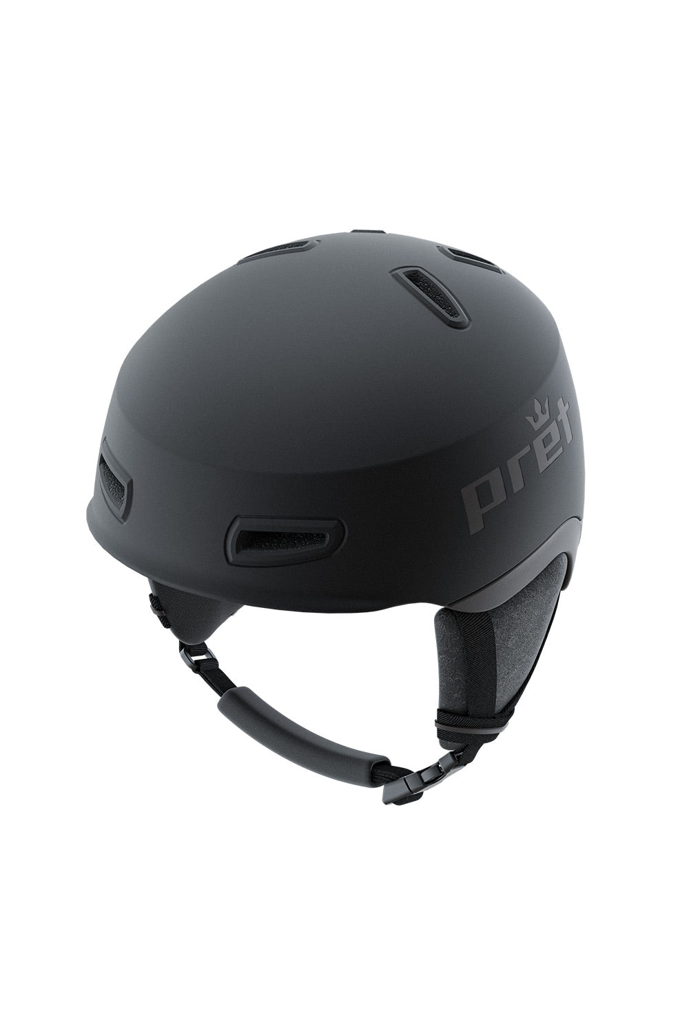 A matte black ski helmet with the 'pret' brand logo printed in gray on the side, shown against a plain white background.