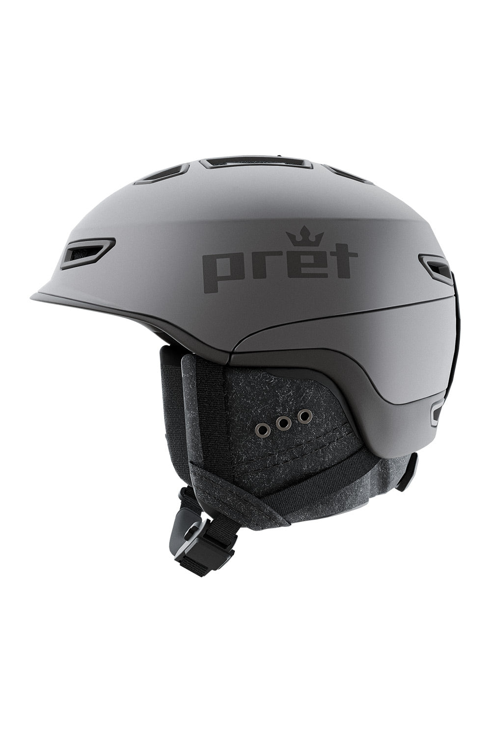 A matte dark gray Pret ski and snowboard helmet shown in profile against a solid white background.