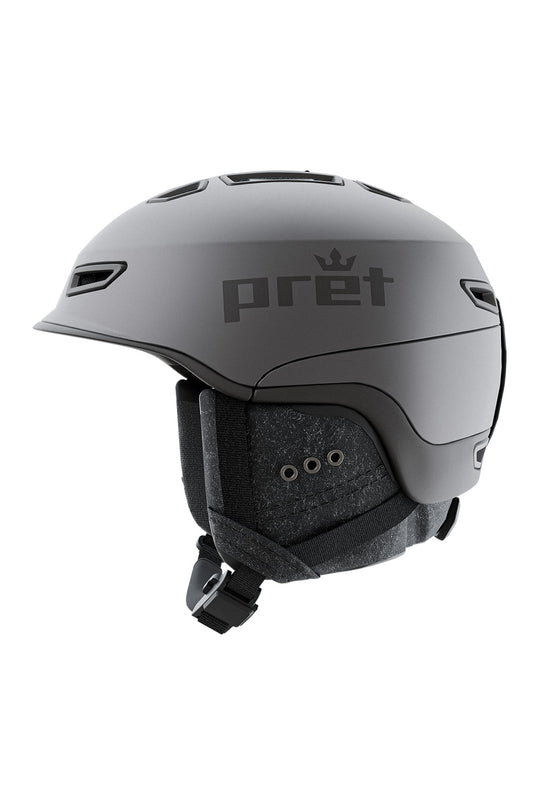 A matte dark gray Pret ski and snowboard helmet shown in profile against a solid white background.