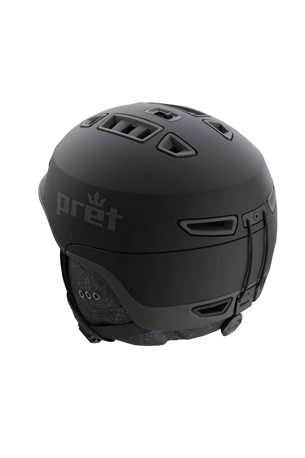 A matte black Pret ski and snowboard helmet shown from a three-quarters rear view against a plain white background.