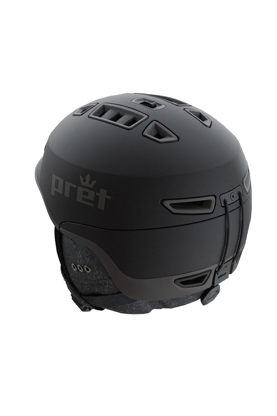 A matte black Pret ski and snowboard helmet shown from a three-quarters rear view against a plain white background.