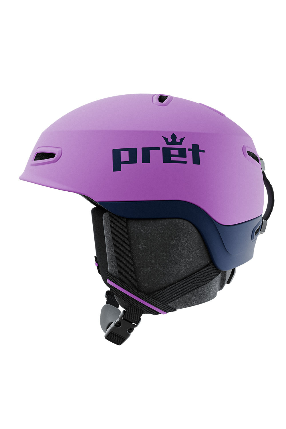 A matte purple ski helmet with navy blue accents, featuring the Pret brand logo and a small crown icon on the side, shown against a plain white background.