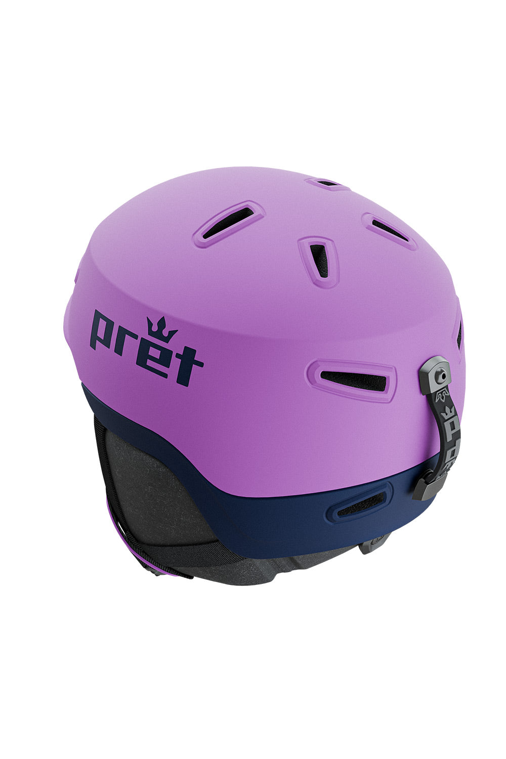 A purple and navy blue Pret ski helmet with a matte finish, featuring the Pret logo on the side and a black chin strap, shown against a plain white background.
