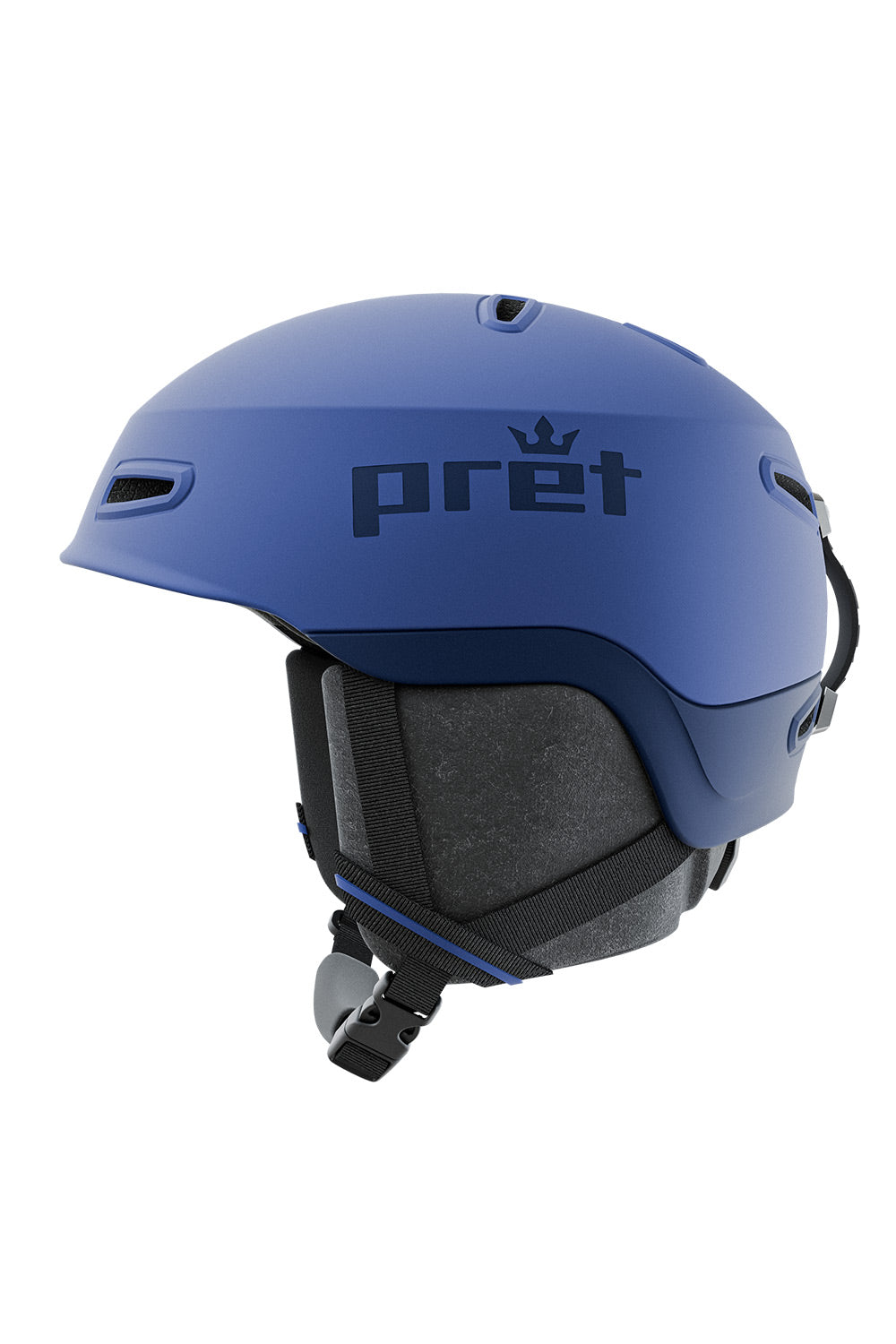 A matte blue ski helmet with the brand name 'pret' and a small crown logo printed in black on the side, shown in profile against a solid white background.