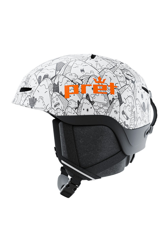 A white ski helmet with a black doodle pattern and a prominent orange 'pret' logo on the front, shown from a side profile against a white background.
