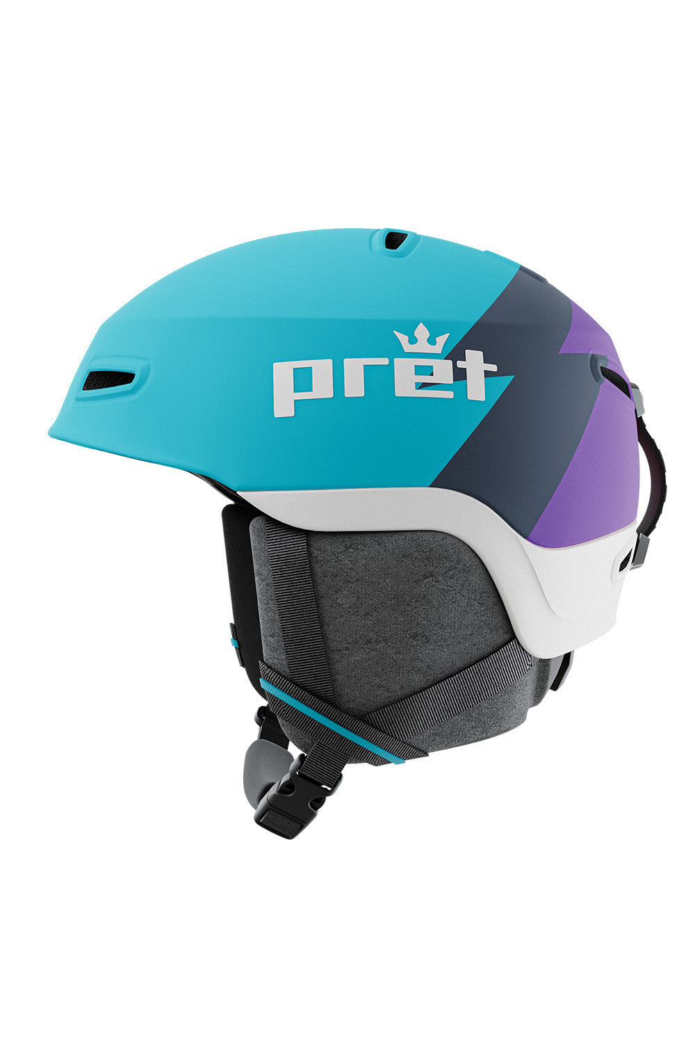 A Pret ski helmet in a color-blocked design of turquoise, dark gray, white, and purple, featuring the white Pret logo with a small crown icon on the side.