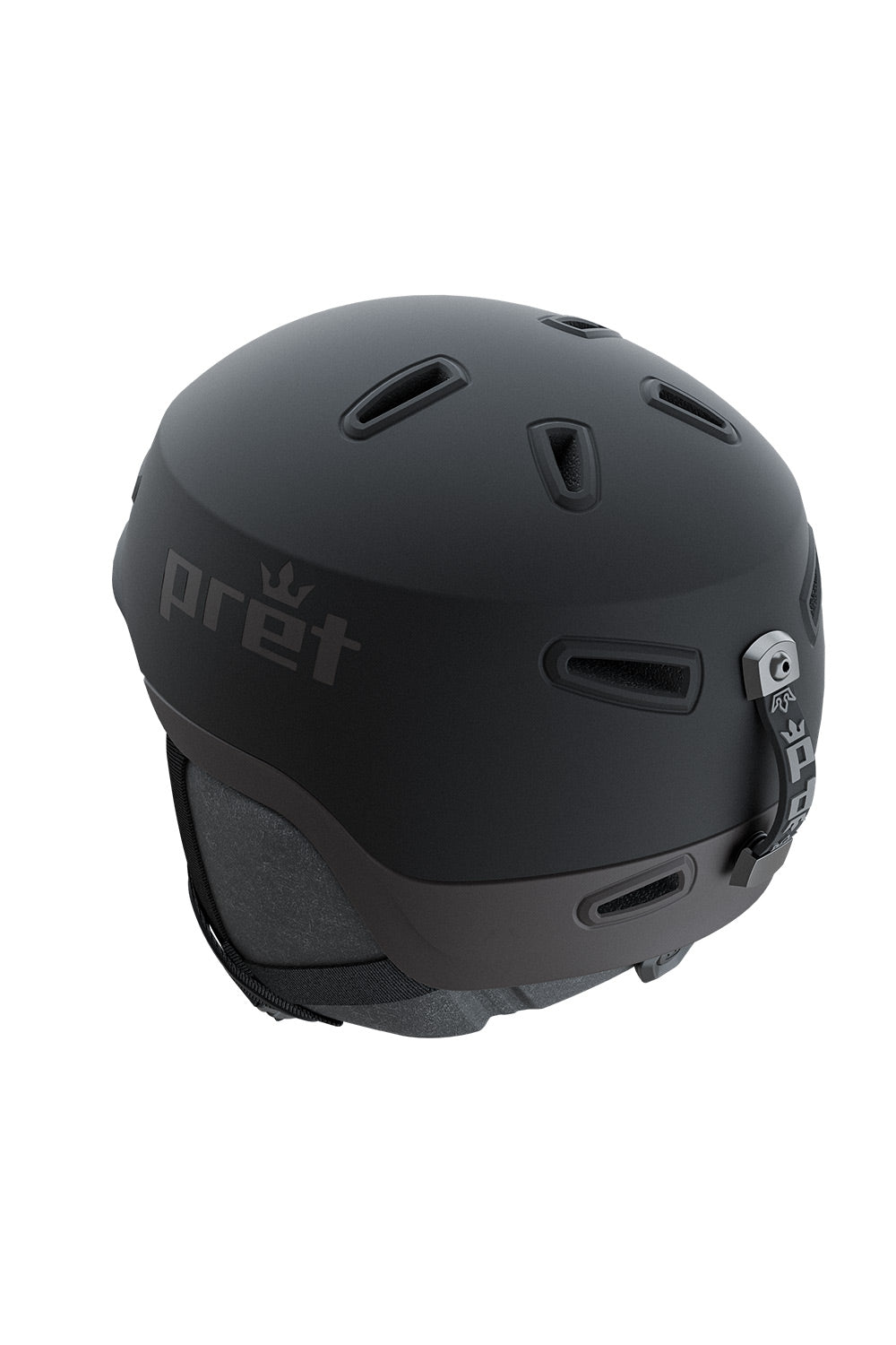 A matte black ski helmet with the 'pret' brand name and crown logo printed on the side, shown from a three-quarters angle against a plain white background.