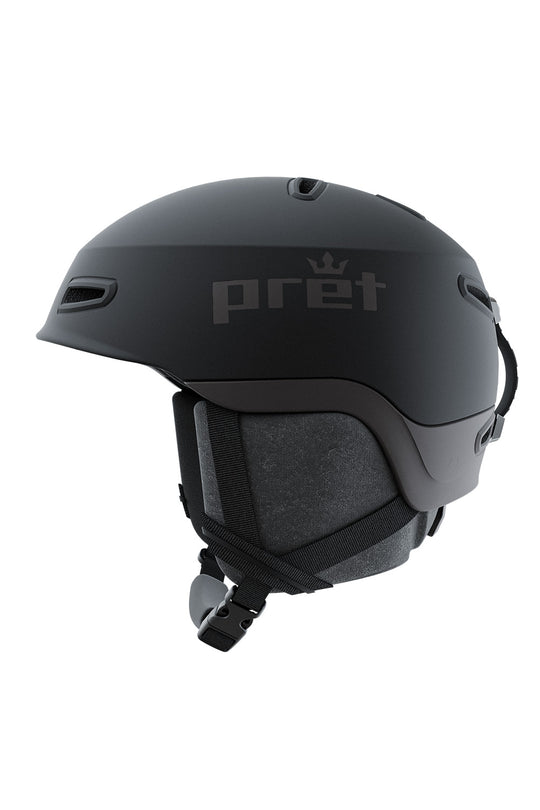 A matte black Pret ski and snowboard helmet shown from a side profile view against a solid white background.