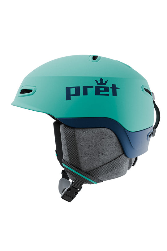 A mint green and navy blue Pret ski helmet with a gray interior padding, shown from a side profile on a white background.