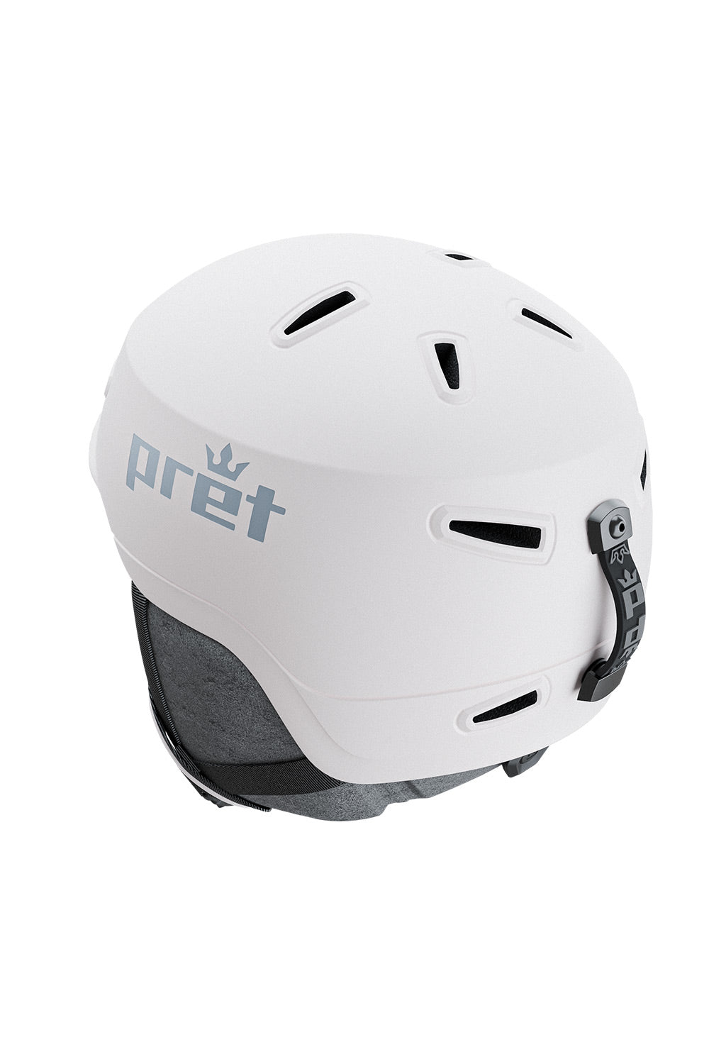 A white ski helmet with a matte finish, featuring the 'pret' logo in gray on the side and a dark gray chin strap visible underneath, set against a plain white background.