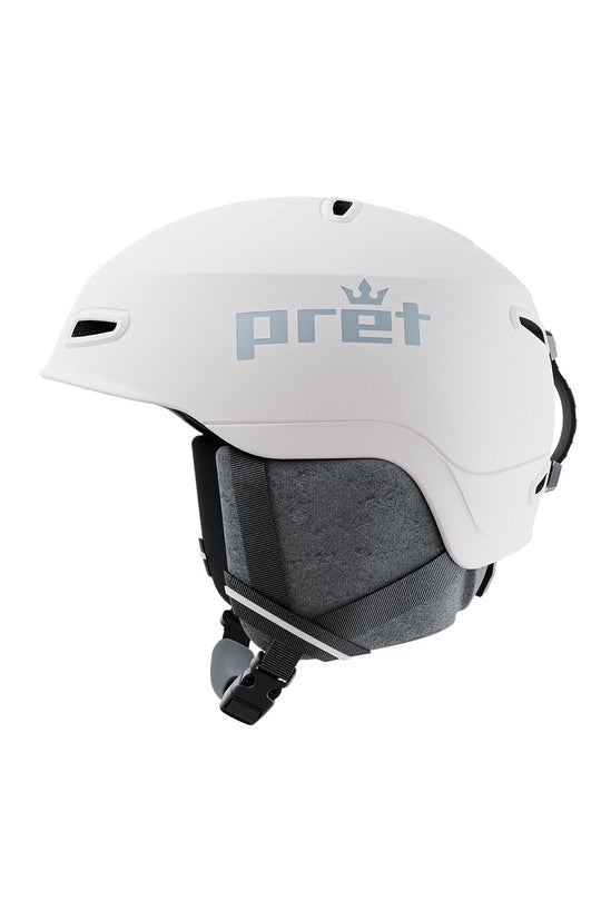 A white ski helmet with a dark gray interior padding and straps, featuring the brand name 'pret' in gray with a small crown logo on the side, set against a plain white background.