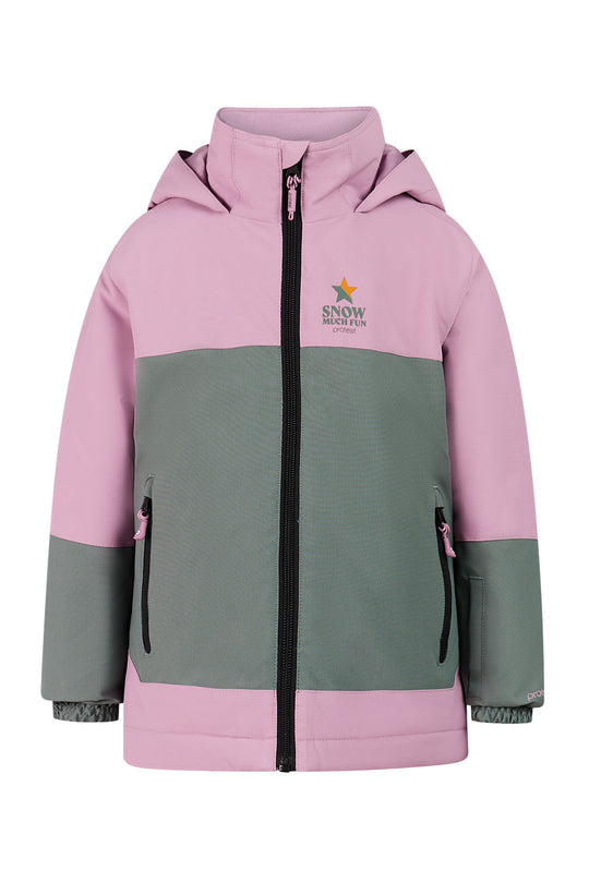 Two-tone pink and gray jacket with a visible brand logo on a white background