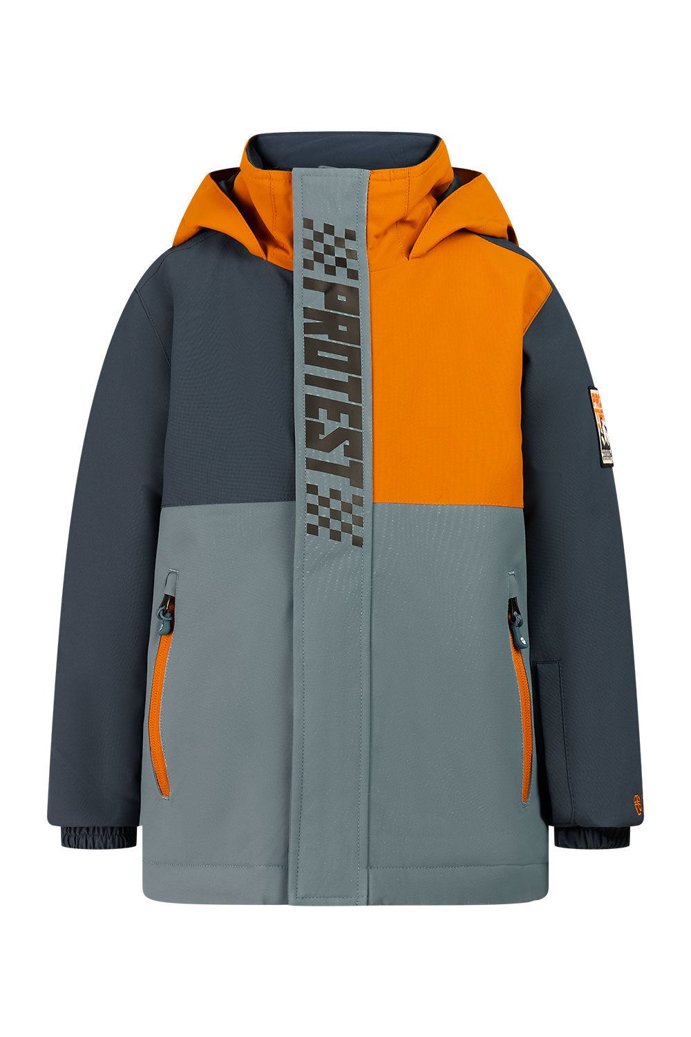 Two-tone blue and orange jacket with 'Protes' branding on a white background