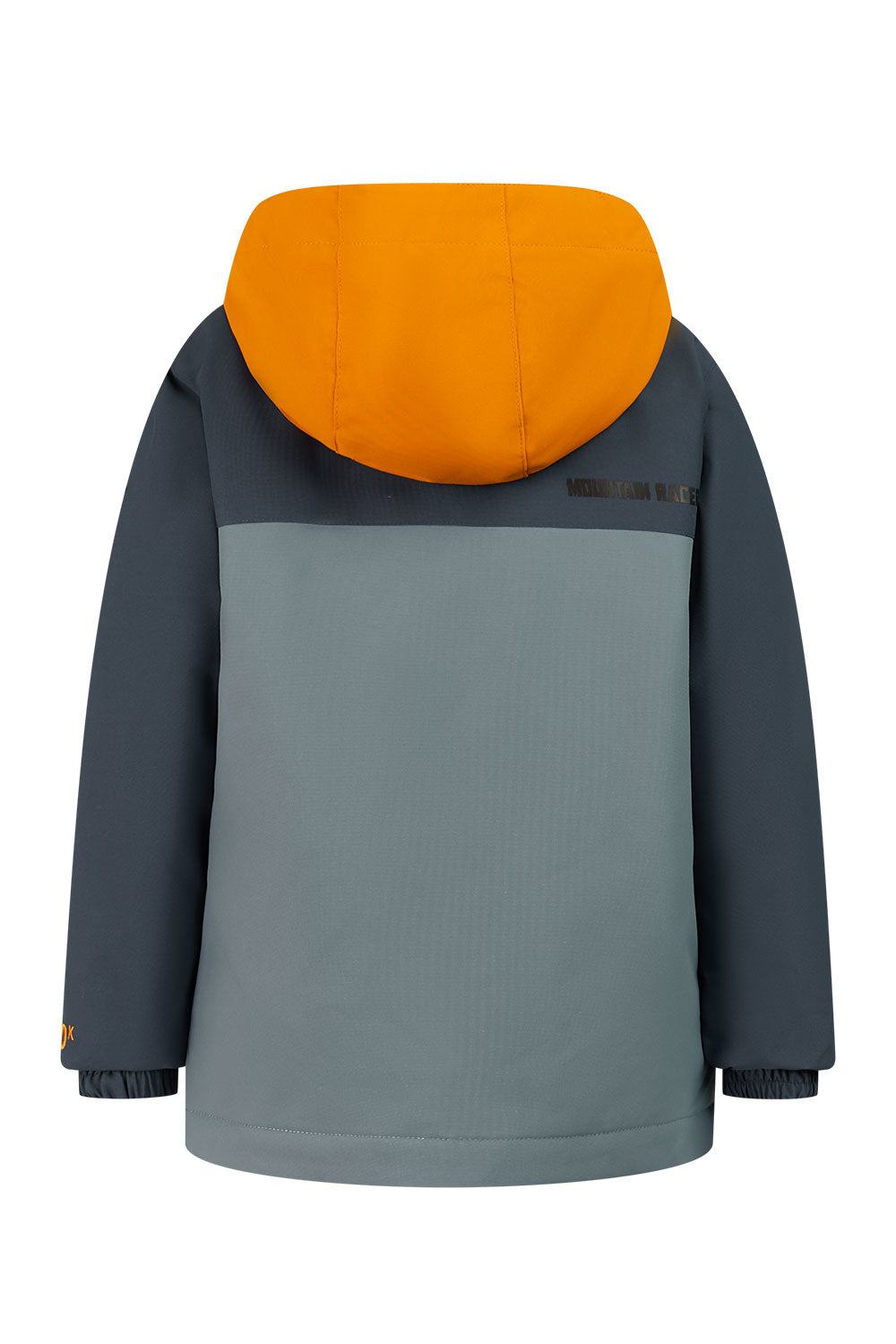 Back view of a blue and orange jacket on a white background