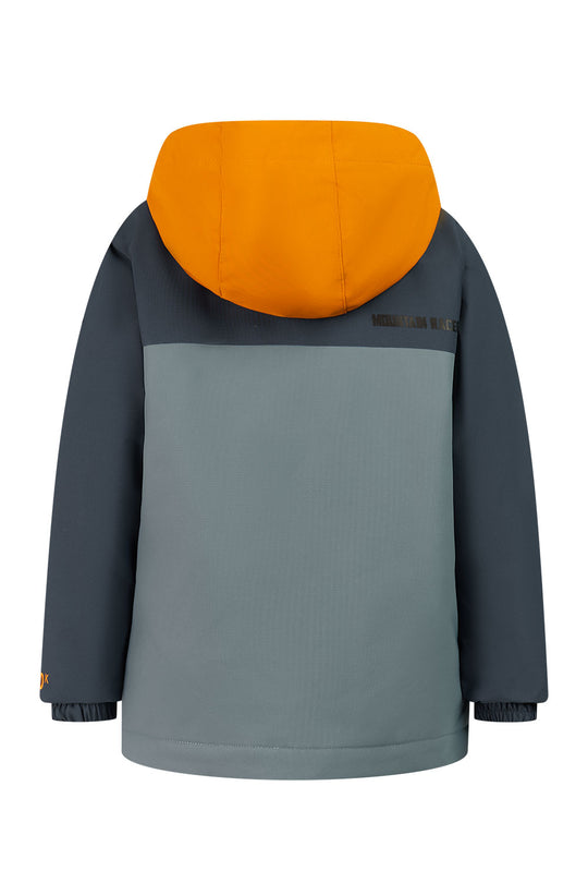 Back view of a blue and orange jacket on a white background