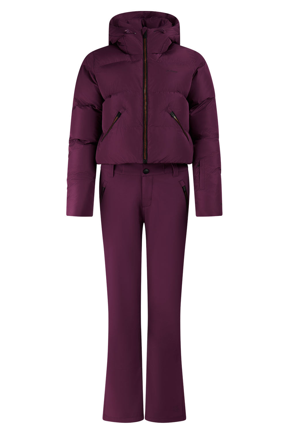 Purple ski suit with jacket and pants on a white background