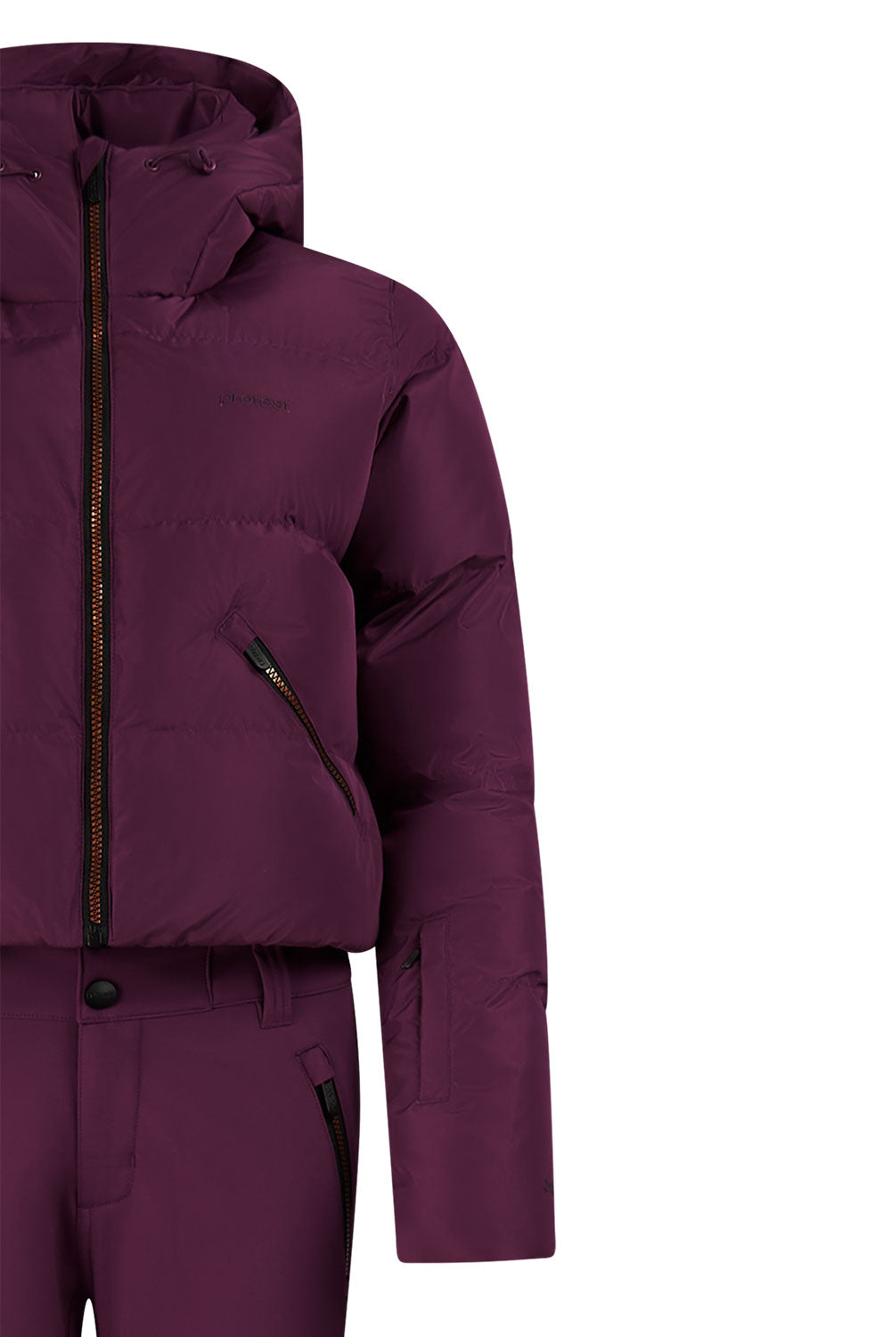 Purple winter jacket with a hood on a white background