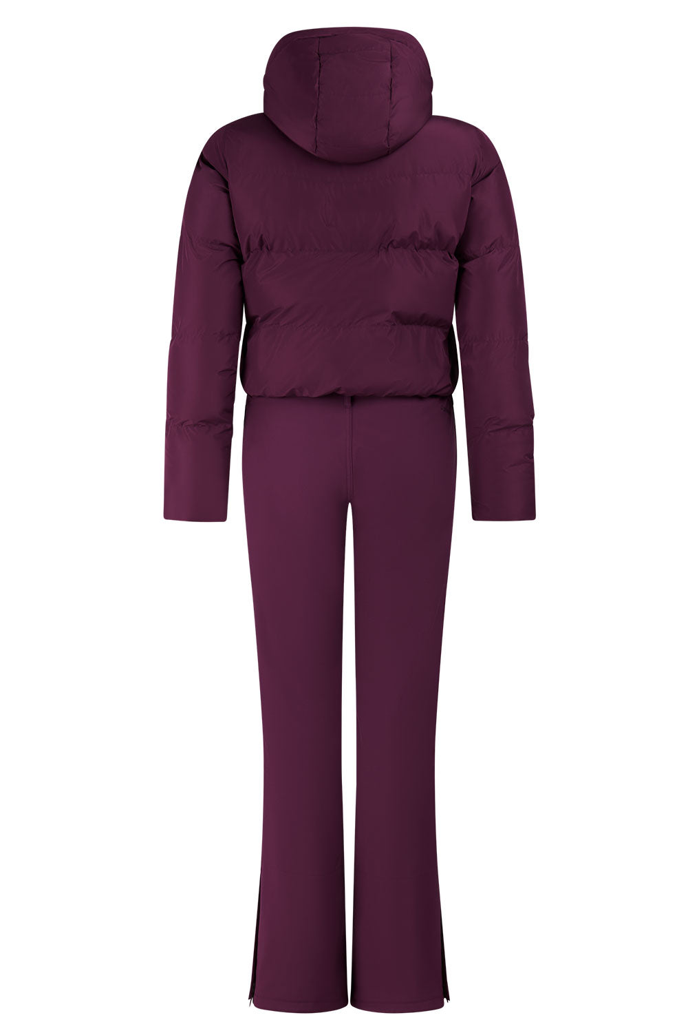 Purple puffer jacket and pants set on a white background