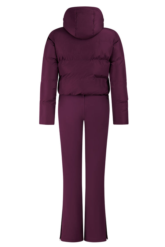 Purple puffer jacket and pants set on a white background