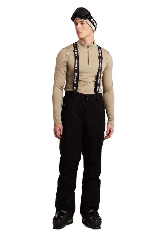 Person wearing a beige shirt with suspenders and black pants on a white background