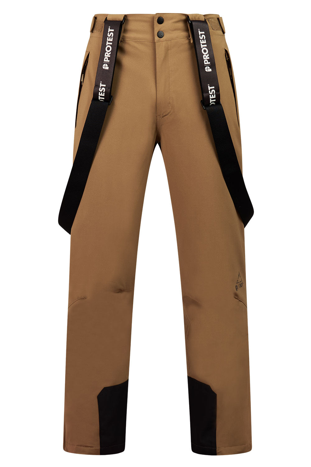 Brown pants with black accents and 'Protest' branding on a white background