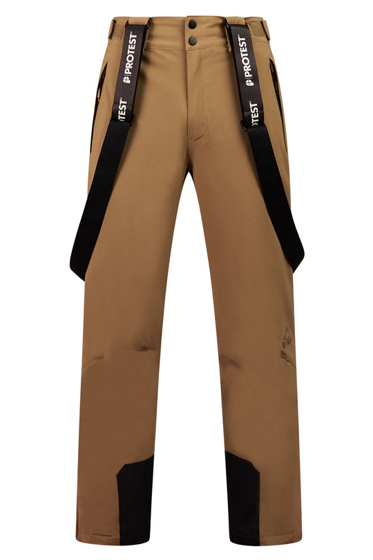 Brown pants with black accents and 'Protest' branding on a white background