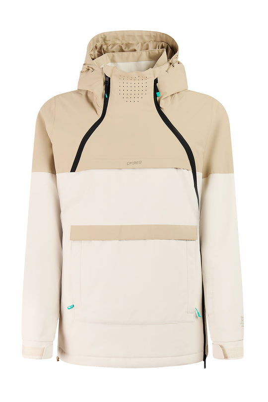 Beige and white jacket with a hood on a white background