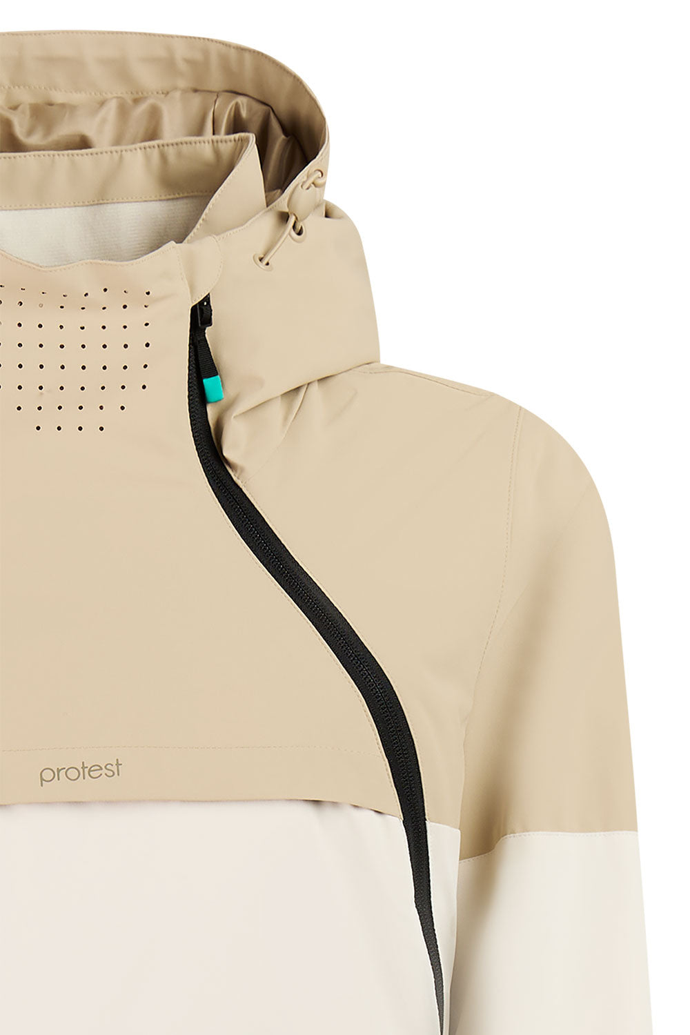 Close-up of a beige and white jacket with a brand logo on a white background