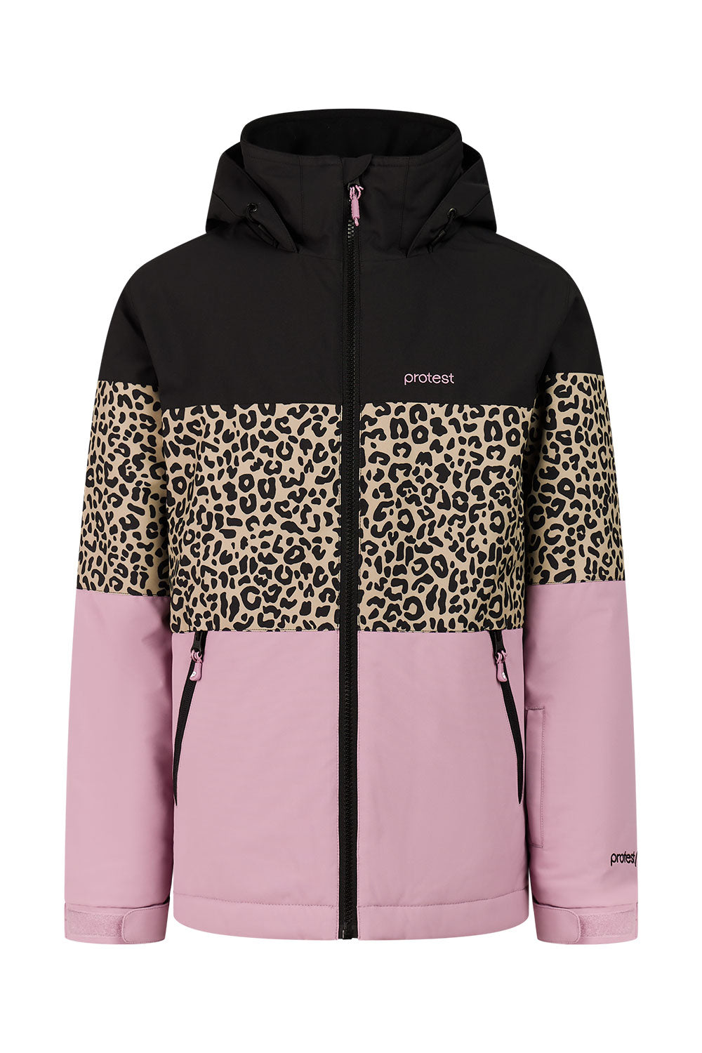Black and pink jacket with leopard print sleeves on a white background