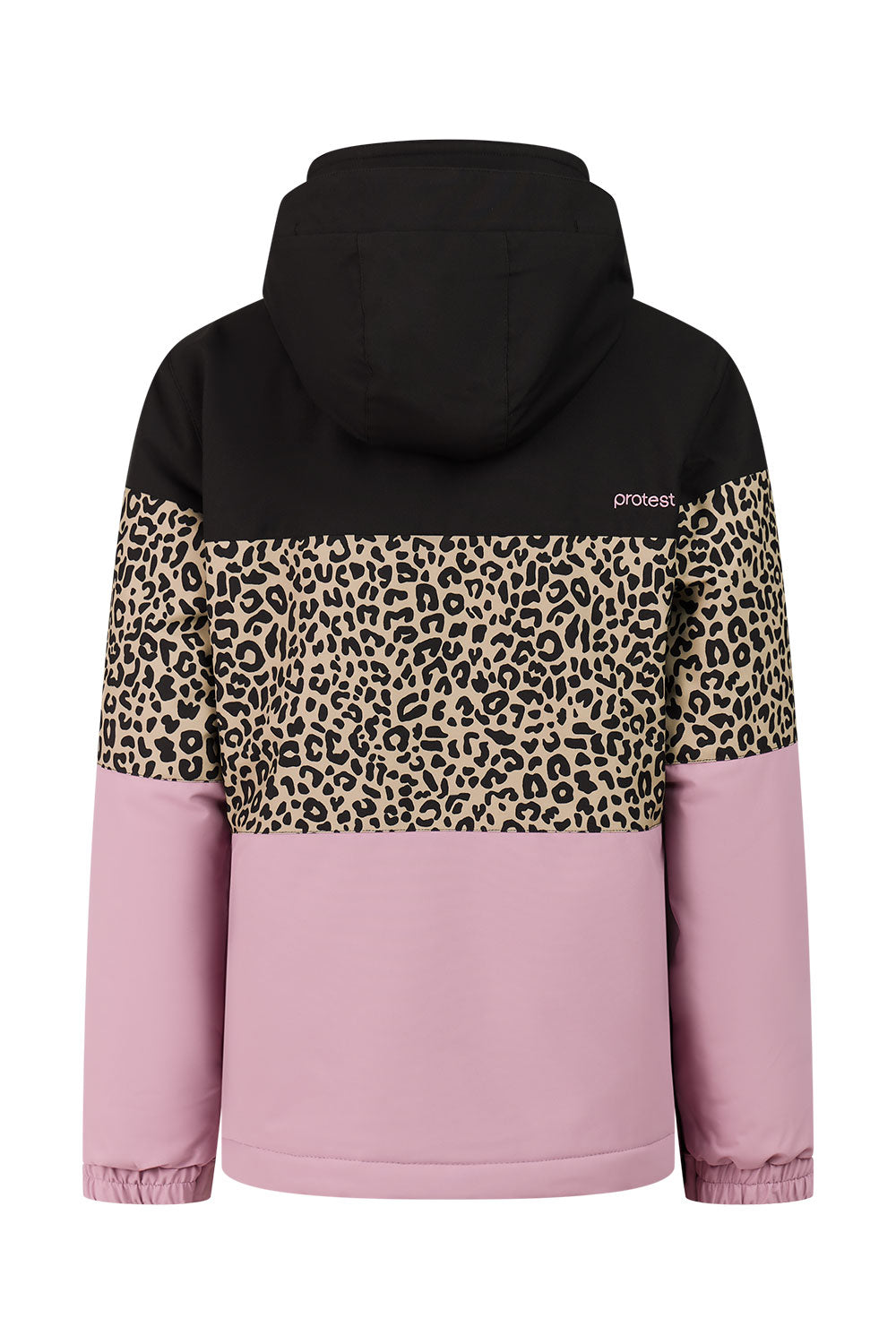 Pink and black hoodie with leopard print panel on a white background