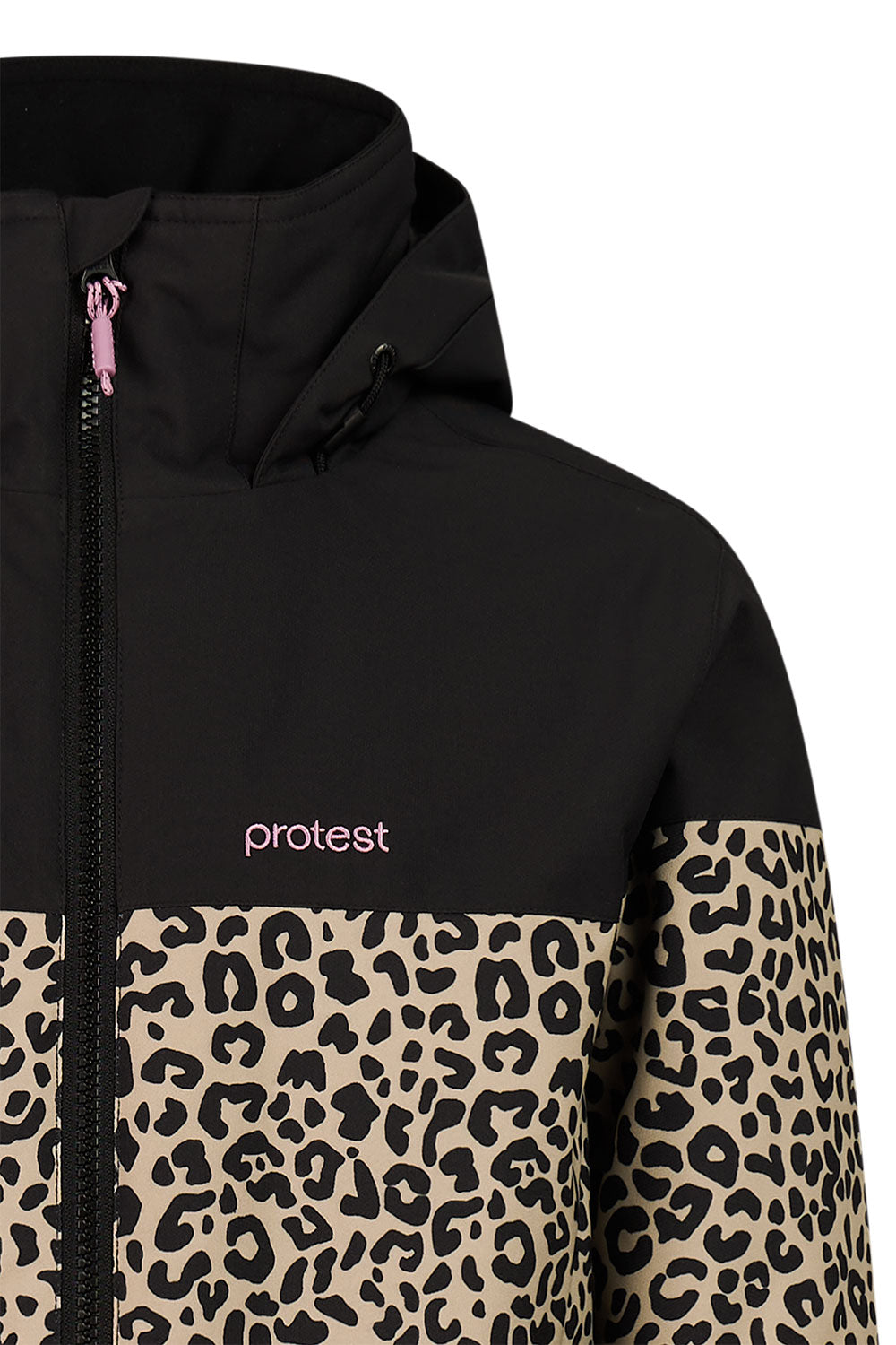 Black jacket with leopard print sleeves and 'protest' branding on a white background