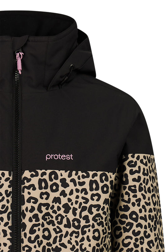 Black jacket with leopard print sleeves and 'protest' branding on a white background