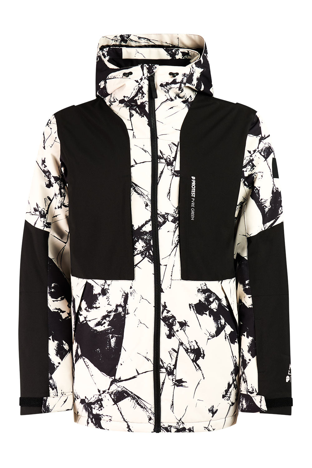 Black and white patterned jacket with a hood on a white background