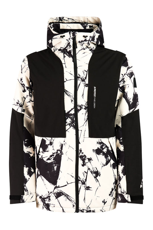 Black and white patterned jacket with a hood on a white background
