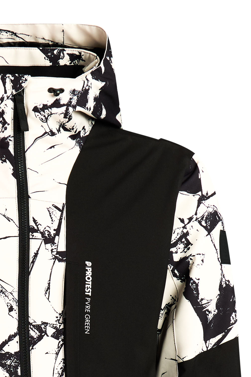 Black and white patterned jacket with 'Protest' branding on a white background