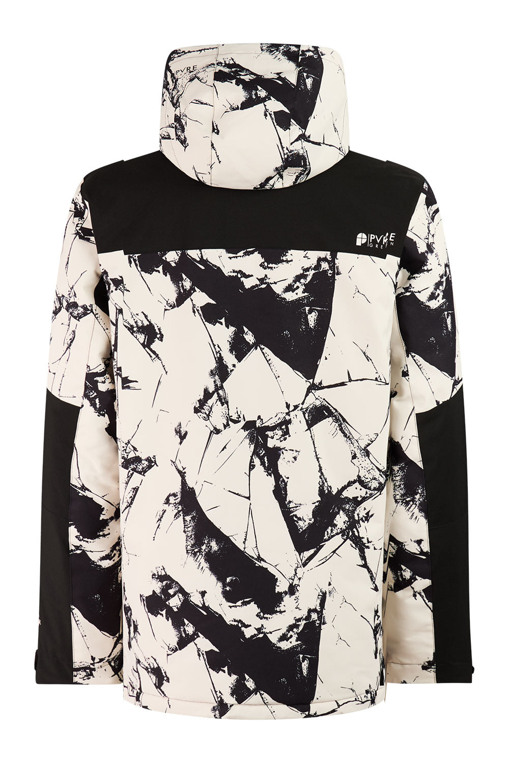 Black and white patterned hoodie with a brand logo on a white background
