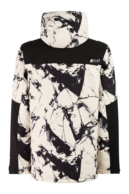 Black and white patterned hoodie with a brand logo on a white background